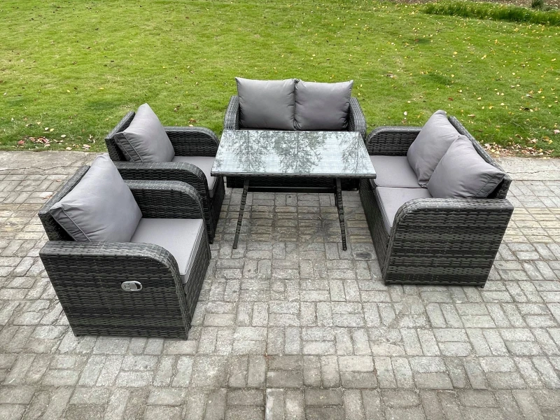 Image of Fimous Wicker PE Rattan Garden Dining Set Outdoor Furniture Sofa with Rectangular Dining Table Dark Grey Mixed Dark Grey