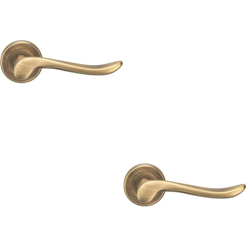Image of Loops 2x PAIR Scroll Shaped Lever Handle on Round Rose Concealed Fix Antique Brass Metallics