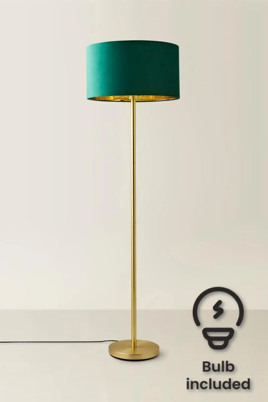 Image of ValueLights ValueLights Charlie Gold Stem Floor Lamp with Velvet Drum with Gold Inner Shade & LED Bulb in Bottle Green Bottle Green One Size Unisex 50