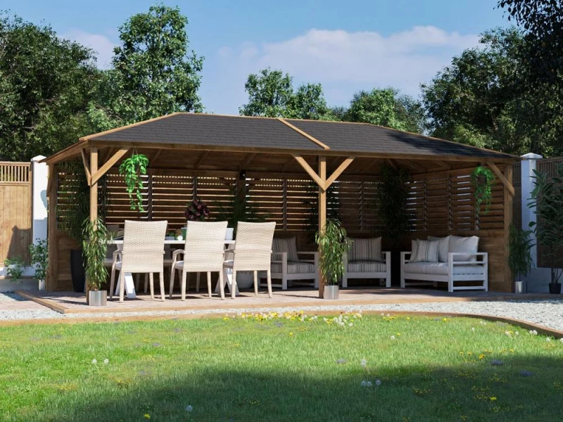Image of Dunster House Wooden Gazebo Kit Louvre Wall 6M X 3M Garden Shelter Roof Shingles Utopia