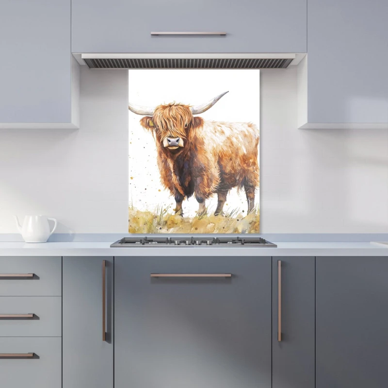 Image of Warren Reed - Designer Watercolour Highland Cow Kitchen Splashback in Brown Size: 600mm x 750mm Brown Unisex 600mm x 750mm