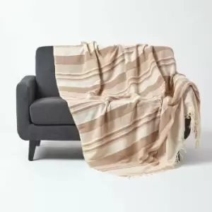 Image of Cotton Morocco Striped Beige Throw, 255 x 360cm - Natural - Homescapes