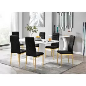 Image of Furniture Box Imperia 6 White Dining Table and 6 Black Velvet Milan Gold Leg Chairs