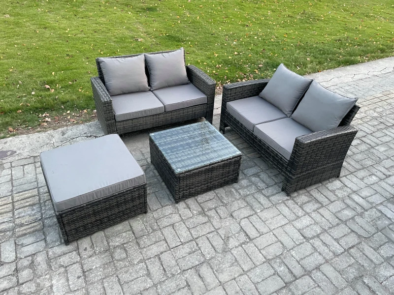 Image of Fimous Rattan Garden Furniture Set 4 piece Patio Rattan Furniture Sofa Weaving Wicker includes 2 Double Seat Sofa, Coffee Table & Big Footstool Dark G