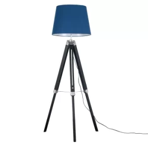 Image of Clipper Black and Chrome Tripod Floor Lamp with Navy Blue Aspen Shade