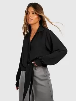 Image of Boohoo Knot Front Volume Sleeve Shirt - Black, Size 10, Women