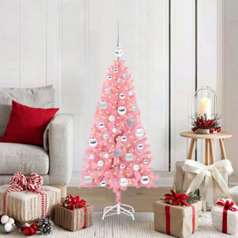 Image of vidaXL Christmas Tree with 150 LEDs, Silver Balls with Stand Pink 120cm PVC, Pink 3396412