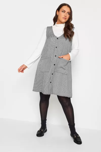 Image of YOURS Curve Grey Check Print Button Through Pinafore Dress