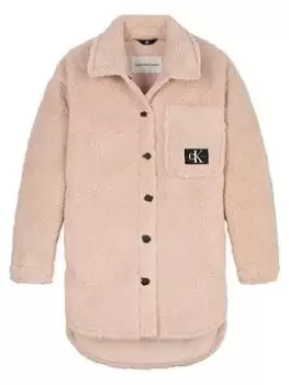 Image of Calvin Klein Jeans Girls Monogram Fur Coat - Pale Rose, Pale Rose, Size 10 Years, Women