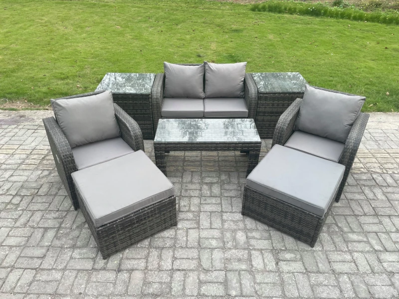 Image of Fimous Wicker PE Rattan Garden Furniture Set Outdoor Lounge Sofa Set with Reclining Chair Coffee Table 2 Side Tables Dark Grey