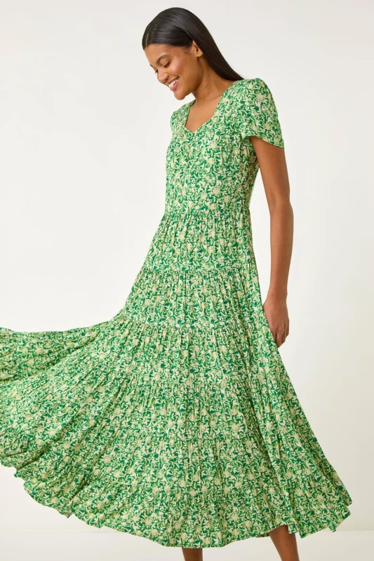 Image of Roman Womens Floral Print Ruched Sleeve Midi Dress in Green Size: 10 Green Female 10
