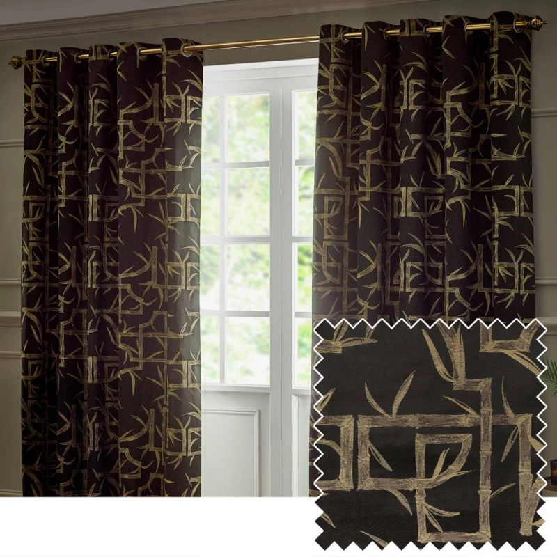 Image of Paoletti Bamboo Fully Lined Jacquard Eyelet Curtain Pair in Black Size: 168cm width x 137cm drop Black Unisex 168cm width x 137cm drop