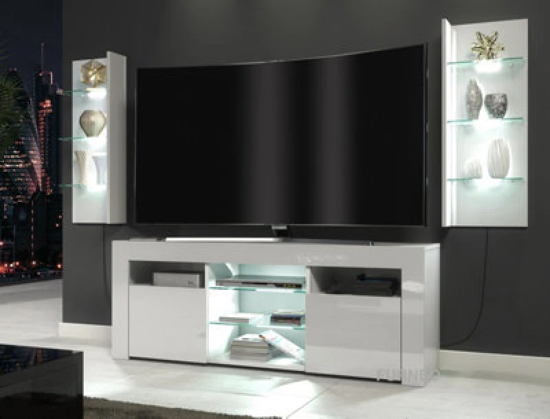 Image of Furneo High Gloss & Matt White Living Room Set TV Stand Display Cabinets White LED Lights Clifpuz 09