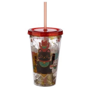 Image of Maneki Neko Lucky Cat Plastic 500ml Double Walled Reusable Cup with Straw and Lid