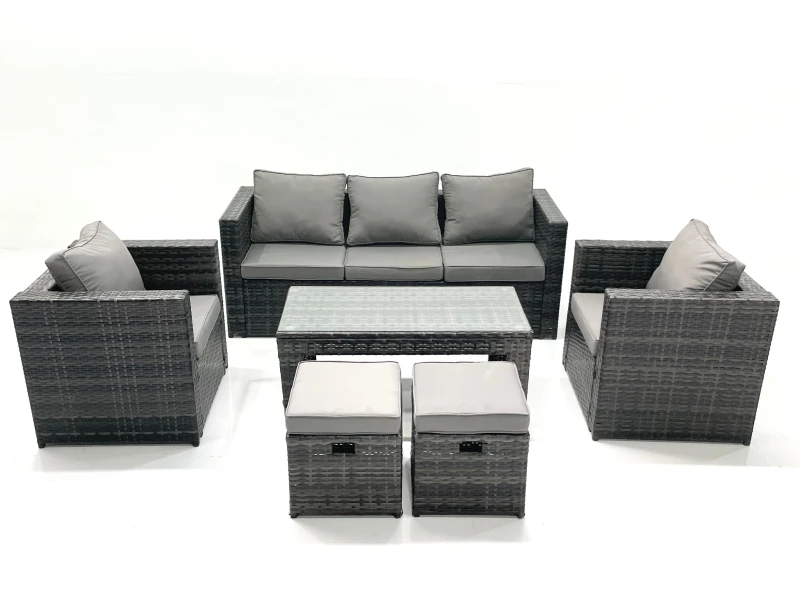 Image of Fimous Rattan Garden Furniture Set Outdoor Lounger Sofa with Coffee Table 2 Armchair 2 Small Footstools Dark Grey Mixed Dark Grey