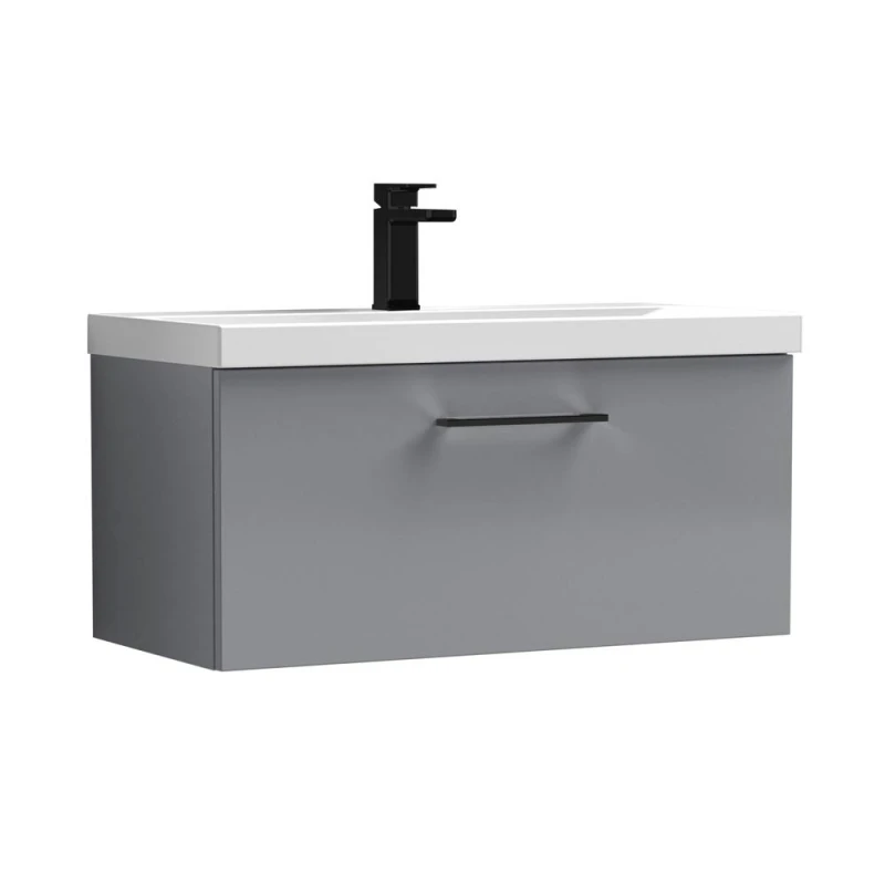 Image of Balterley 800mm Wall Hung 1 Drawer Vanity Basin Unit, Satin Grey, Black Handle in Grey Grey Unisex