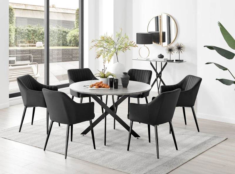Image of FurnitureboxUK FurnitureboxUK Novara Grey Concrete Effect Black Leg 120cm Round Dining Table & 6 Calla Black Leg Chairs Black One Size Unisex 50566571