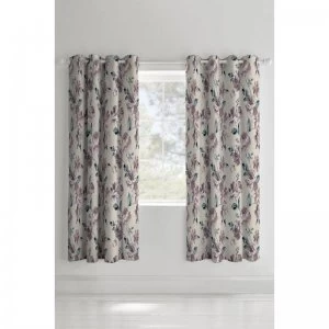 Image of Painted Floral Plum Lined Eyelet Curtains