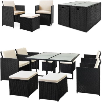 Image of DEUBA Poly Rattan Cube Set Size Choice Black Wicker Garden Furniture Outdoor Patio Conservatory Dining Table Chairs Stool (8 + 1)