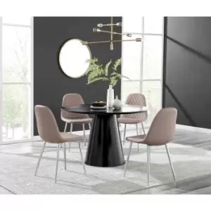 Image of Furniture Box Palma Black Semi Gloss Round Dining Table and 4 Cappuccino Corona Silver Chairs