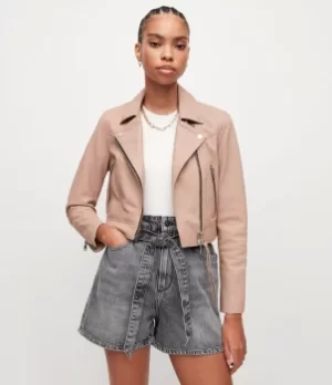 Image of AllSaints Womens Rift Leather Biker Jacket, Misty Pink, Size: 4