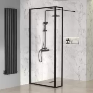 Image of Black1400mm Framed Wet Room Shower Screen with Wall Support Bar & Return Panel - Zolla