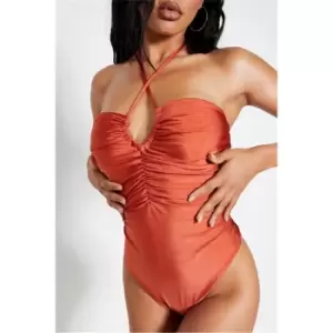 Image of I Saw It First Rust Ruched Front Tie Swimsuit - Orange