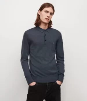 Image of AllSaints Mens Mode Merino Long Sleeve Polo Shirt, Blue, Size: M