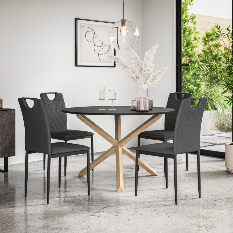 Image of More4Homes Malvern Round Dining Table And Chairs - Black Table Top W Solid Oak Legs + Monza Fabric Dining Chair Set Of 4 (Charcoal)