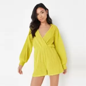 Image of Missguided Balloon Slv Plunge Playsuit Textured - Green