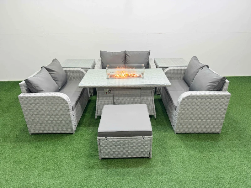 Image of Fimous 7 Seater PE Wicker Rattan Furniture Sofa Sets with Firepit Dining Table 2 Seater Love Sofa Big Footstool 2 Side Table Light Grey Light Grey