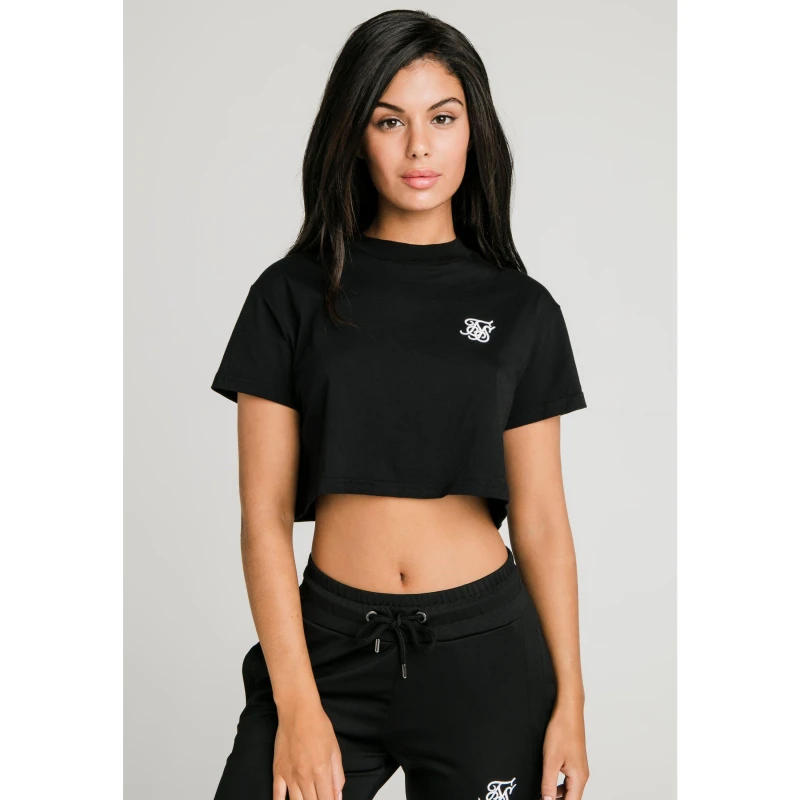 Image of SikSilk Essentials Retro Box-Fit Cropped T-Shirt - Black XS