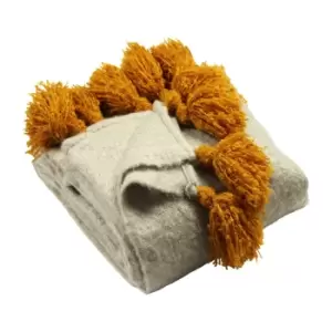 Image of Furn. Romily Throw Pom-Pom Tassel Edging Acrylic Natural / Ochre