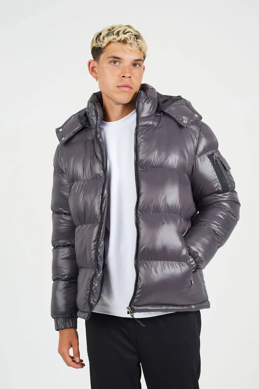 Image of Brave Soul Mens Hooded Padded Puffer Jacket with Detachable Hood in Grey Size: Medium Grey Male M