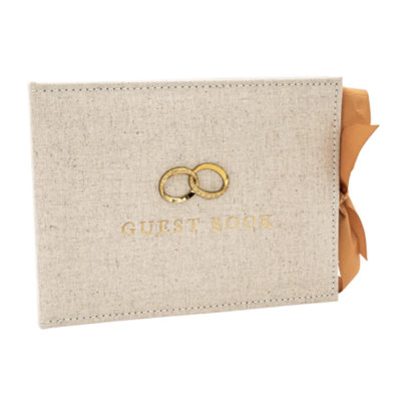 Image of Happy Homewares Natural Linen Fabric Wedding Day Guest Book With Shiny Gold Rings