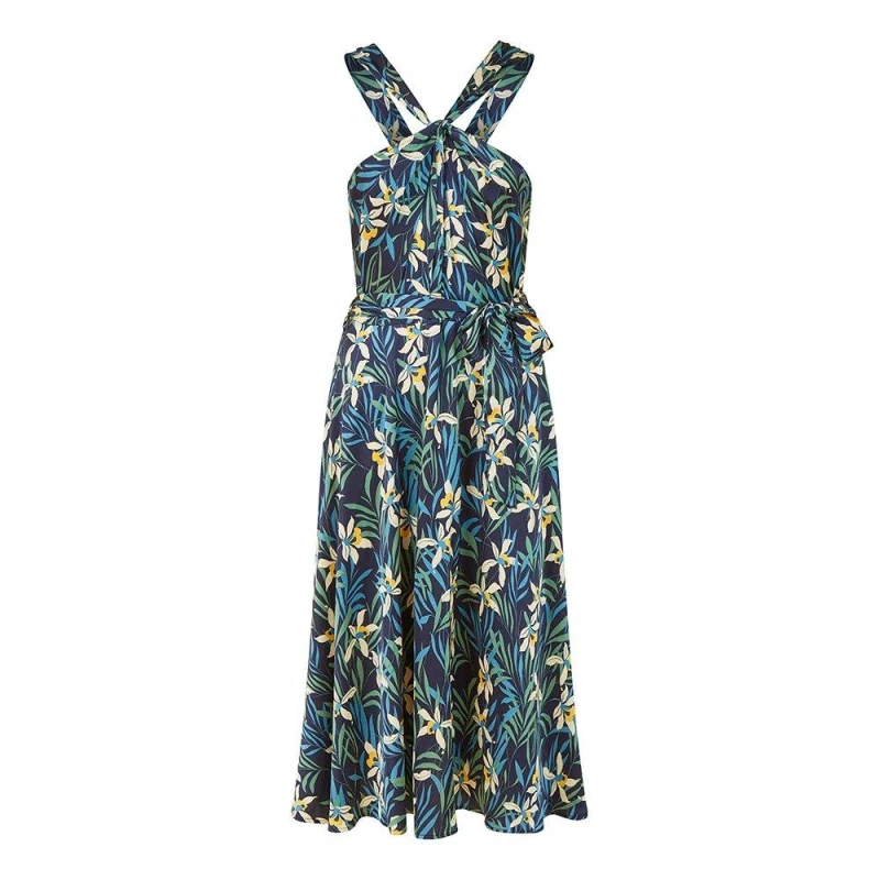 Image of Yumi Navy Tropical Print Satin Cross Neck Midi Dress Navy female