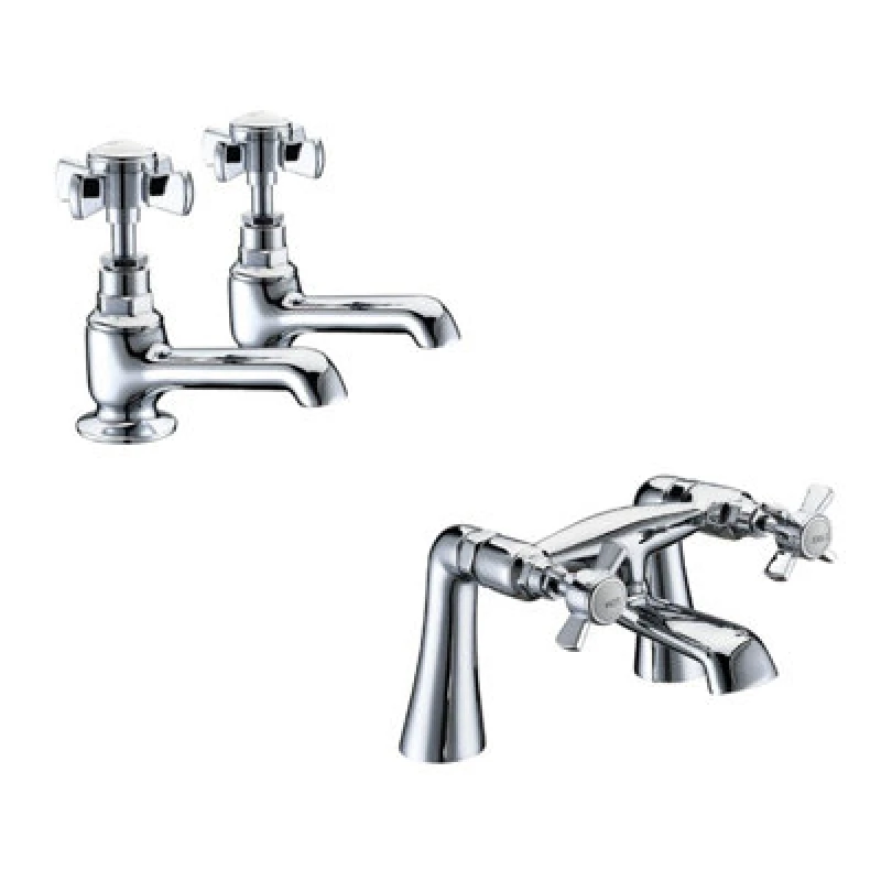 Image of Balterley Classic Crosshead Basin Pillar Taps & Bath Filler Tap Set - Chrome in Silver Silver Unisex