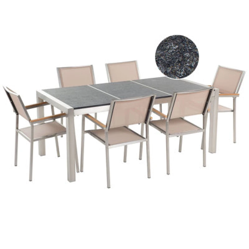 Image of Beliani Garden Dining Set 6 Seater Grosseto Triple Plate Basalt Flamed Black/ Beige