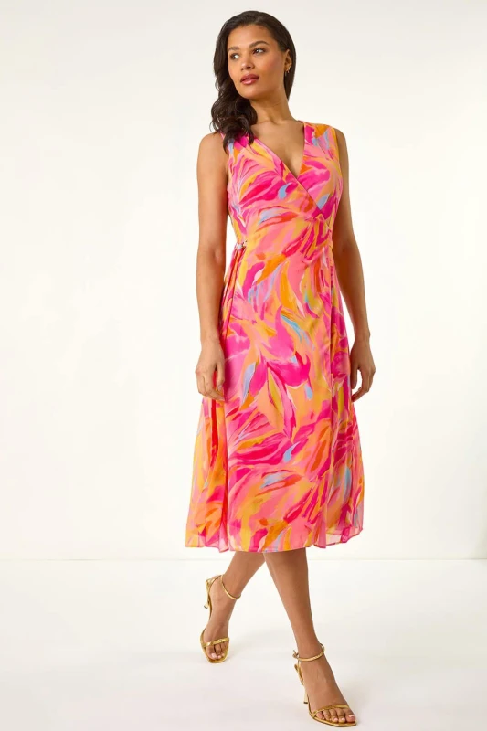 Image of Roman Womens Floral Print Wrap Chiffon Midi Dress in Pink Size: 10 Pink Female 10