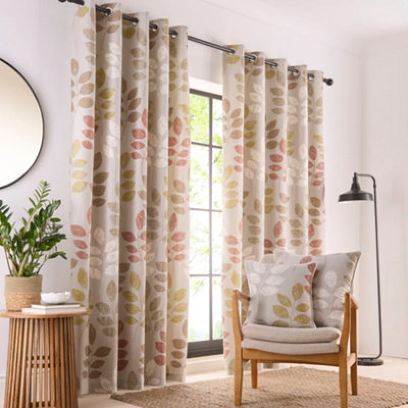 Image of Portfolio Home Springfield Leaf Natural 90" Width X 90" Drop (229 X 229Cm) Fully Lined Eyelet Curtain Set 2 Panels