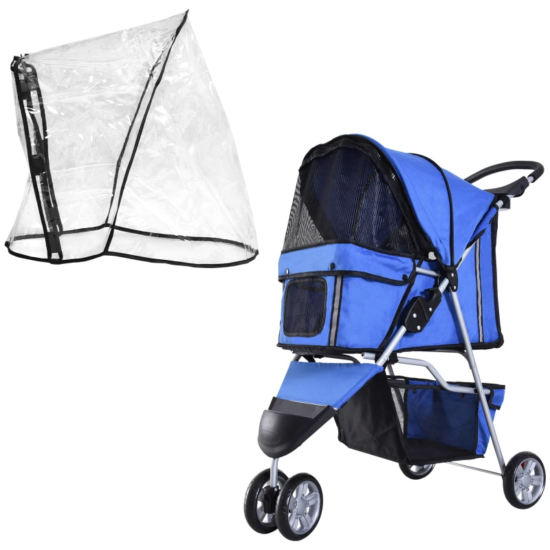 Image of PawHut Dog Stroller, Miniature Dog and Cat Pushchair with Cover, Cup Holder, Storage, Reflective Safety Strips, Blue Aosom UK
