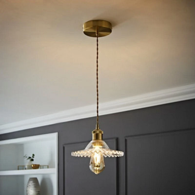 Image of Brushed Gold Pendant Light with Clear Frilled Glass Shade