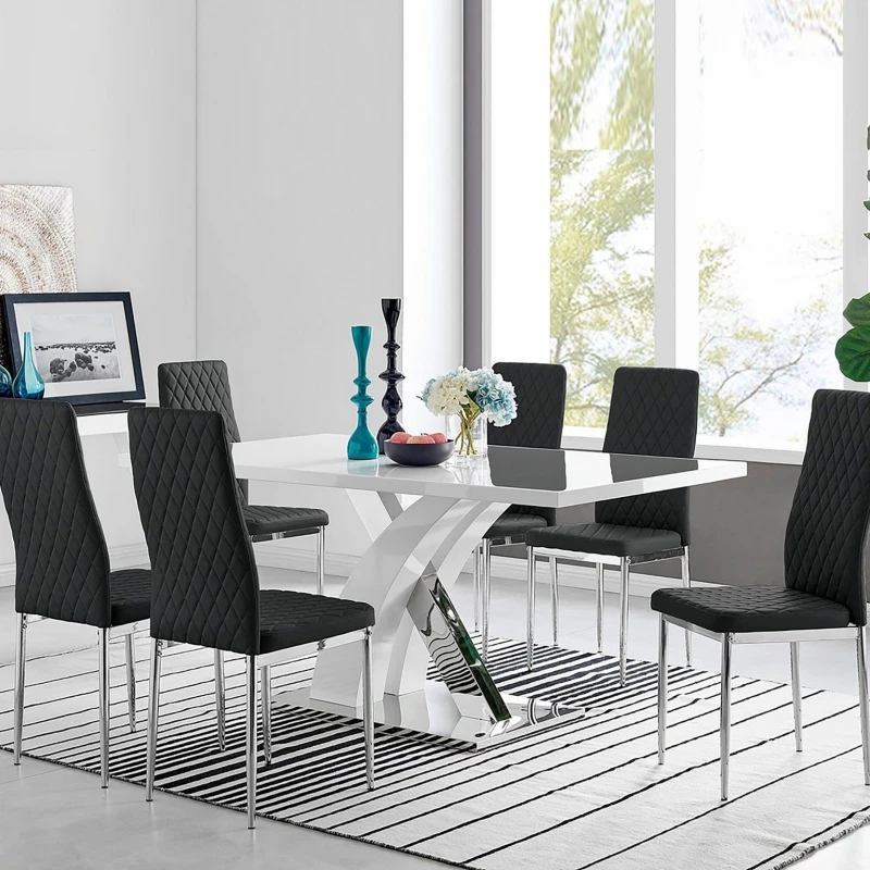 Image of FurnitureboxUK FurnitureboxUK Atlanta Modern Rectangle Chrome Metal High Gloss White Dining Table And 6 Milan Chairs Set in Black One Size Unise