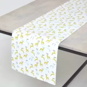 Image of HOMESCAPES Majestic Stag Grey Christmas Table Runner 35 x 250cm - Grey & Yellow