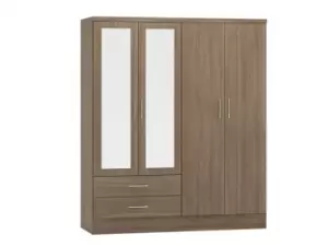 Image of Seconique Nevada Rustic Oak 4 Door 2 Drawer Mirrored Wardrobe
