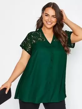 Image of Yours Lace Insert Top Forest Green, Size 18, Women