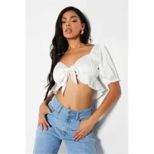 Image of I Saw It First White Satin Tie Front Puff Sleeve Crop Blouse - White
