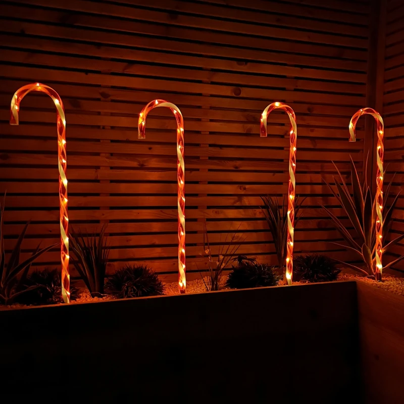 Image of Set of 4 Large Light up Red & White Stripe Christmas Candy Cane Garden Stakes with LEDs