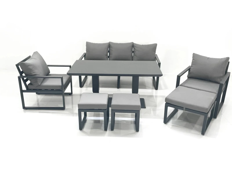 Image of Fimous 8 Seater Aluminium Outdoor Garden Furniture Set with Adjustable Rising Lifting Dining Table 3 Seater Sofa 2 Chair 3 Footstool Dark Grey Dark Gr