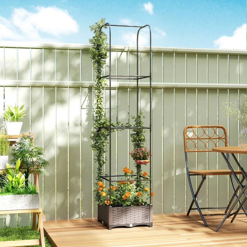 Image of OUTSUNNY Raised Garden Bed with Trellis & Drainage Holes, Drain Plugs in Black Unisex